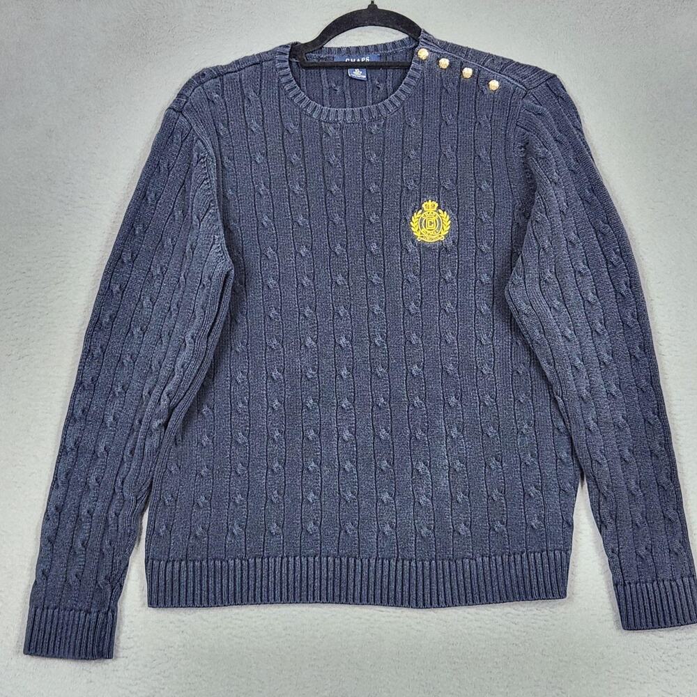 Chaps Sweater Girls XL Blue 100% Cotton Cable Knit Crest Shoulder Buttons Y2K